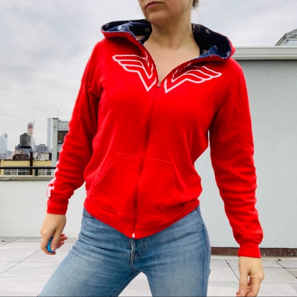 2in1 Vintage Wonder Woman Starred Turn Double Side Hoodie Red Blue - Picture 15 of 16